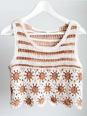 Vinceotto Floral Crochet Crop Top Festival Cottagecore Boho Sleeveless PTP: 17”